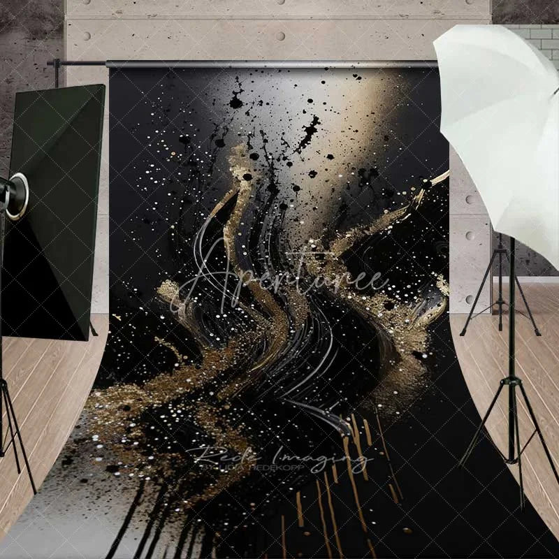 Aperturee - Aperturee Flowing Black and Gold Wave Abstract Backdrop Dynamic Glitter Speckles Photography Background