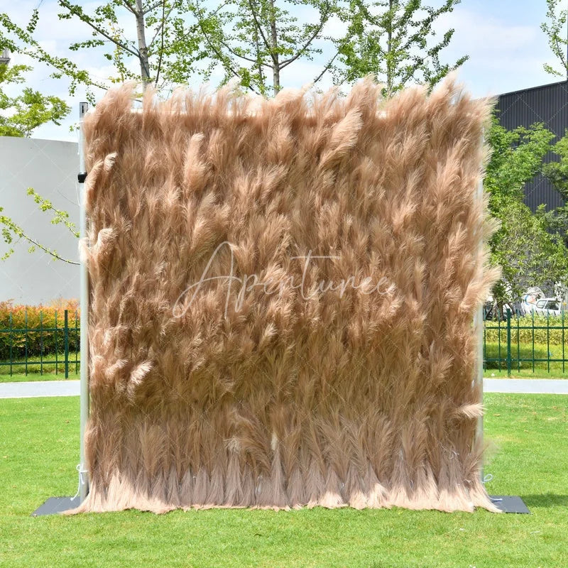 Aperturee - Aperturee Fluffy Light Brown Faux Pampas Grass Artificial Flower Wall Elegant Boho Rustic Event Decor Backdrop