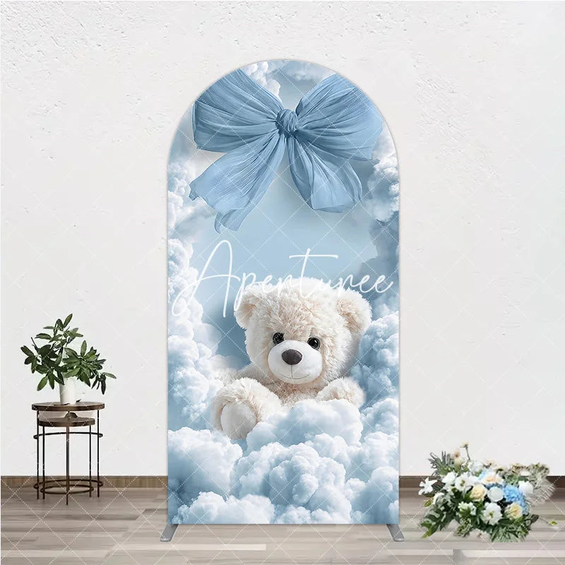 Aperturee - Aperturee Fluffy White Teddy Bear with Blue Bow and Clouds Round Top Arch Backdrop Dreamy Baby Shower Party Decor