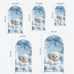 Aperturee - Aperturee Fluffy White Teddy Bear with Blue Bow and Clouds Round Top Arch Backdrop Dreamy Baby Shower Party Decor
