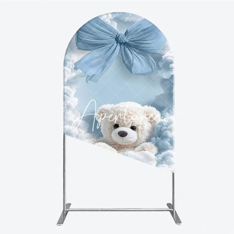 Aperturee - Aperturee Fluffy White Teddy Bear with Blue Bow and Clouds Round Top Arch Backdrop Dreamy Baby Shower Party Decor