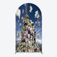 Aperturee - Aperturee Flying Books and Stacked Literature Round Top Arch Backdrop Blue Sky Educational Theme Decor