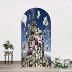 Aperturee - Aperturee Flying Books and Stacked Literature Round Top Arch Backdrop Blue Sky Educational Theme Decor