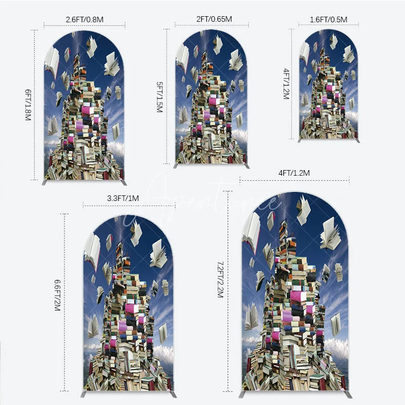 Aperturee - Aperturee Flying Books and Stacked Literature Round Top Arch Backdrop Blue Sky Educational Theme Decor