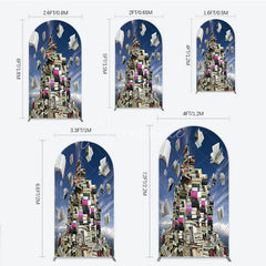 Aperturee - Aperturee Flying Books and Stacked Literature Round Top Arch Backdrop Blue Sky Educational Theme Decor