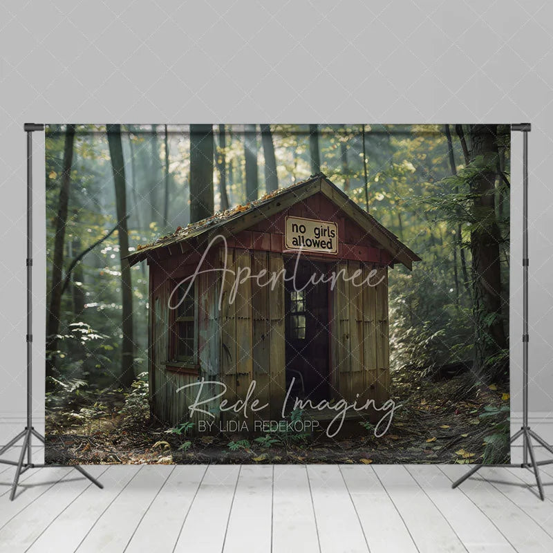 Aperturee - Aperturee Forest Cabin Wood Shack Backdrop No Girls Allowed Sign Treehouse Background for Boy Adventure