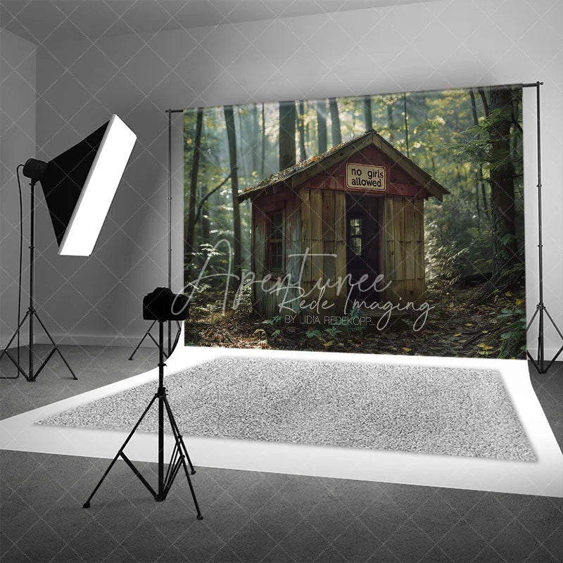 Aperturee - Aperturee Forest Cabin Wood Shack Backdrop No Girls Allowed Sign Treehouse Background for Boy Adventure