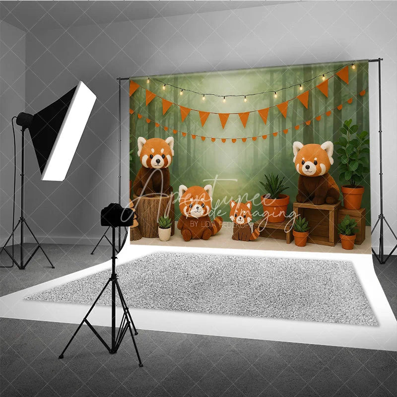 Aperturee - Aperturee Forest Red Panda Photography Backdrop Misty Woodland and Orange Bunting Photo Background