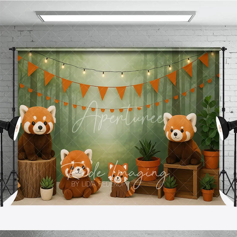 Aperturee - Aperturee Forest Red Panda Photography Backdrop Misty Woodland and Orange Bunting Photo Background