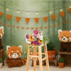 Aperturee - Aperturee Forest Red Panda Photography Backdrop Misty Woodland and Orange Bunting Photo Background