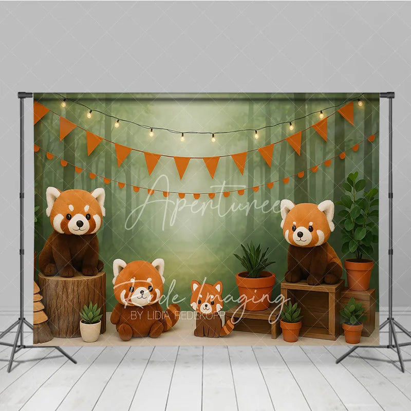 Aperturee - Aperturee Forest Red Panda Photography Backdrop Misty Woodland and Orange Bunting Photo Background