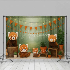 Aperturee - Aperturee Forest Red Panda Photography Backdrop Misty Woodland and Orange Bunting Photo Background