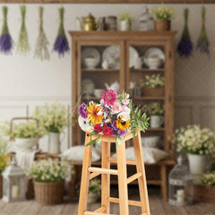 Aperturee Aperturee French Country Kitchen Backdrop Rustic Hutch with Dried Lavender and Daisies Farmhouse Spring Photo Prop Decor