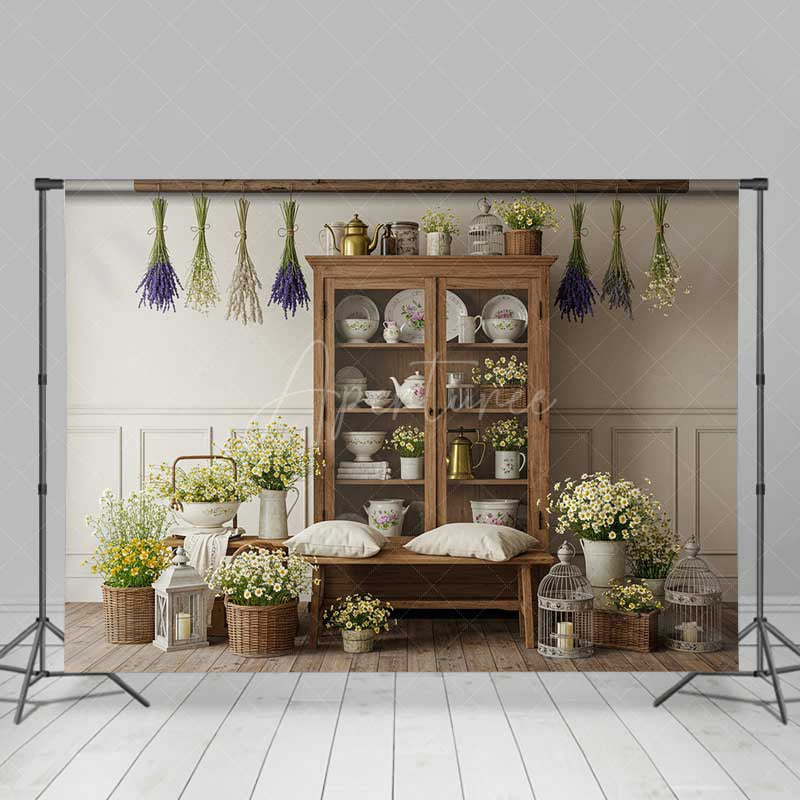 Aperturee Aperturee French Country Kitchen Backdrop Rustic Hutch with Dried Lavender and Daisies Farmhouse Spring Photo Prop Decor