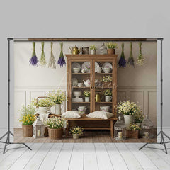 Aperturee Aperturee French Country Kitchen Backdrop Rustic Hutch with Dried Lavender and Daisies Farmhouse Spring Photo Prop Decor