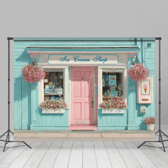 Aperturee - Aperturee Fresh Blue Wall Dessert Shop Floral Photo Backdrop
