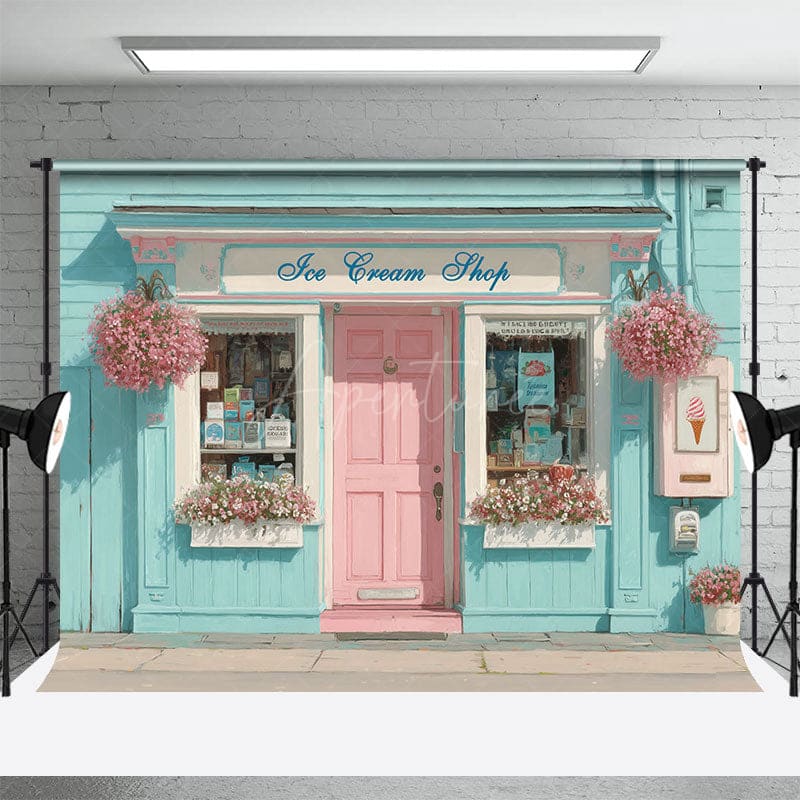 Aperturee - Aperturee Fresh Blue Wall Dessert Shop Floral Photo Backdrop