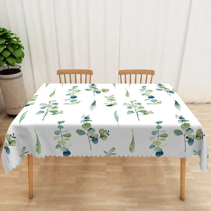 Aperturee - Aperturee Fresh Boho Spring Tablecloth with Green Leaves for Botanical Themed Wedding or Baby Shower Decor