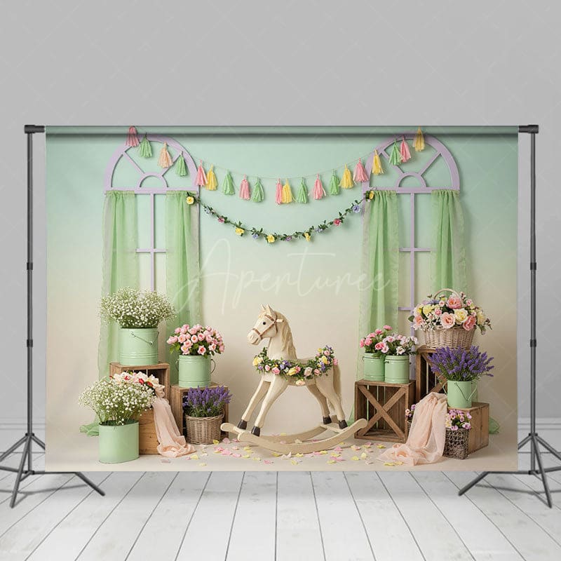 Aperturee - Aperturee Fresh Boho Trojan Floral Curtain Cake Smash Backdrop