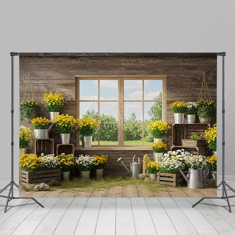 Aperturee - Aperturee Fresh Floral Spring Scene With Wood Cabin Backdrop