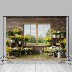 Aperturee - Aperturee Fresh Floral Spring Scene With Wood Cabin Backdrop