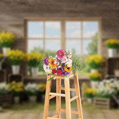 Aperturee - Aperturee Fresh Floral Spring Scene With Wood Cabin Backdrop