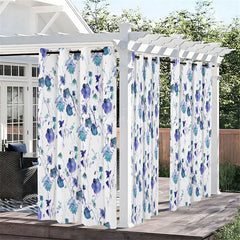 Aperturee - Aperturee Fresh Flower Blue Waterproof Printed Outdoor Curtains