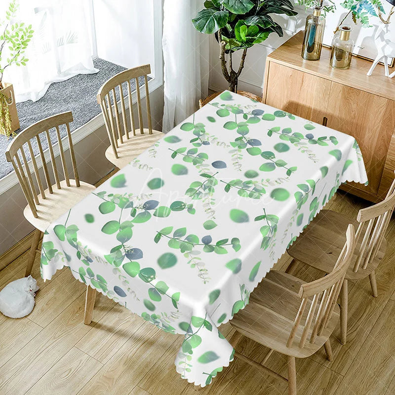 Aperturee - Aperturee Fresh Green Boho Leaf Tablecloth for Spring Botanical Design for Modern Kitchen and Dining Decor