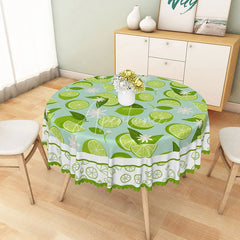 Aperturee - Aperturee Fresh Lime and White Floral Round Tablecloth Green Citrus Fruit Summer Party Decor