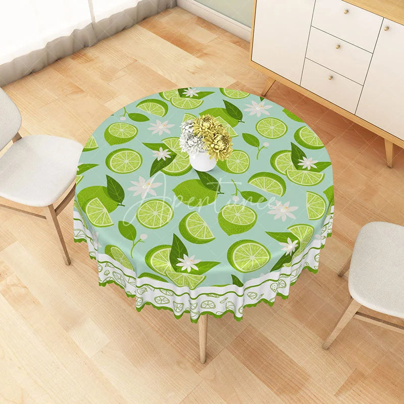 Aperturee - Aperturee Fresh Lime and White Floral Round Tablecloth Green Citrus Fruit Summer Party Decor