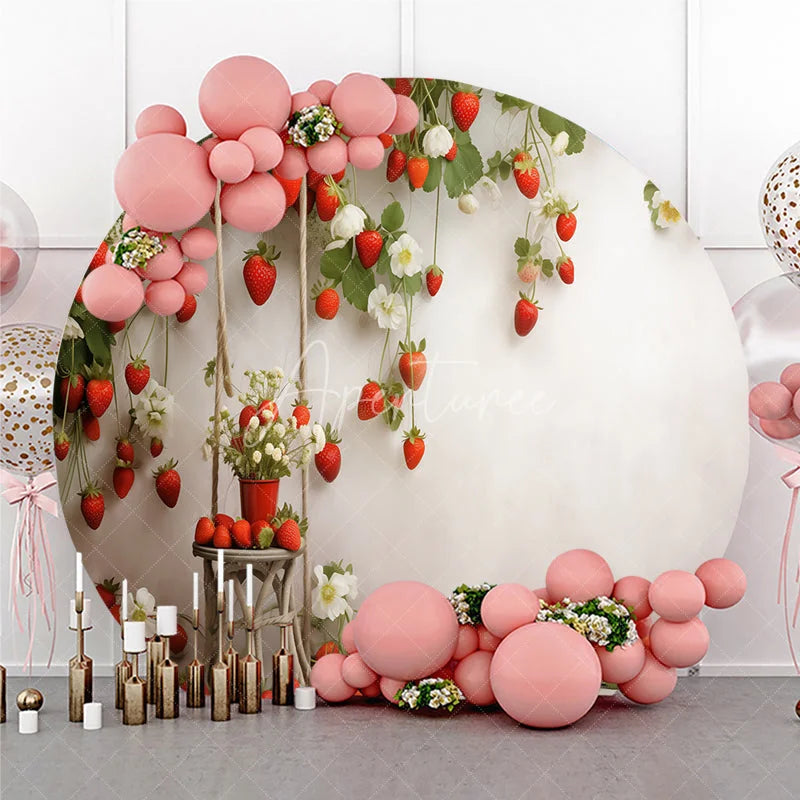Aperturee - Aperturee Fresh Red Strawberry and White Blossom Round Backdrop Rustic Wooden Swing for Spring or Summer Party Decor