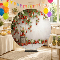 Aperturee - Aperturee Fresh Red Strawberry and White Blossom Round Backdrop Rustic Wooden Swing for Spring or Summer Party Decor
