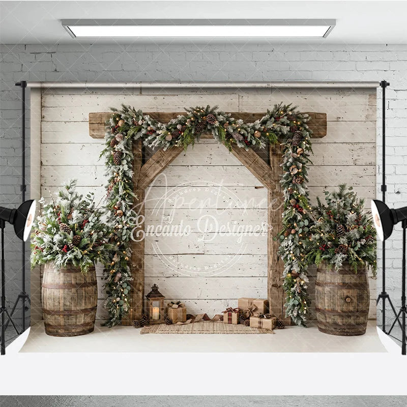Aperturee - Aperturee Frosted Pine Garland Wooden Arch Holiday Backdrop with Rustic Barrels and Christmas Gifts Winter Festive Decor