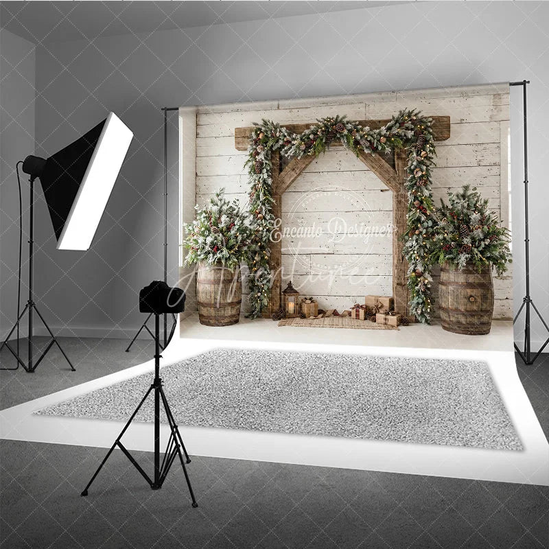 Aperturee - Aperturee Frosted Pine Garland Wooden Arch Holiday Backdrop with Rustic Barrels and Christmas Gifts Winter Festive Decor