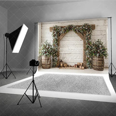 Aperturee - Aperturee Frosted Pine Garland Wooden Arch Holiday Backdrop with Rustic Barrels and Christmas Gifts Winter Festive Decor