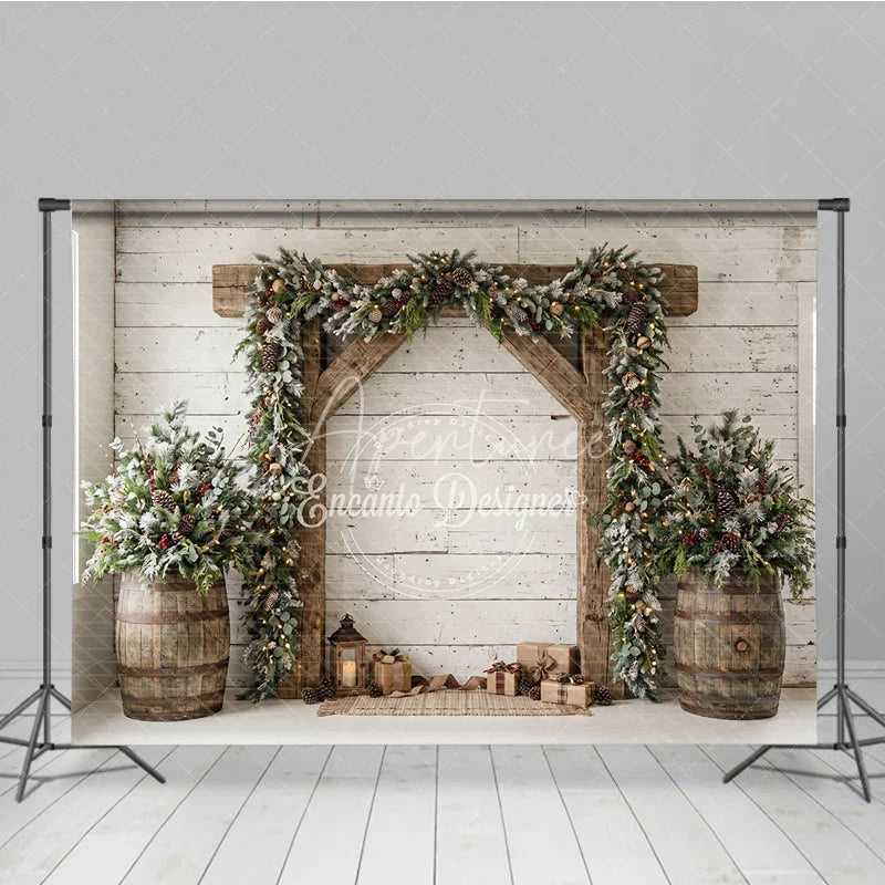 Aperturee - Aperturee Frosted Pine Garland Wooden Arch Holiday Backdrop with Rustic Barrels and Christmas Gifts Winter Festive Decor