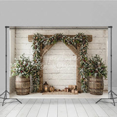 Aperturee - Aperturee Frosted Pine Garland Wooden Arch Holiday Backdrop with Rustic Barrels and Christmas Gifts Winter Festive Decor