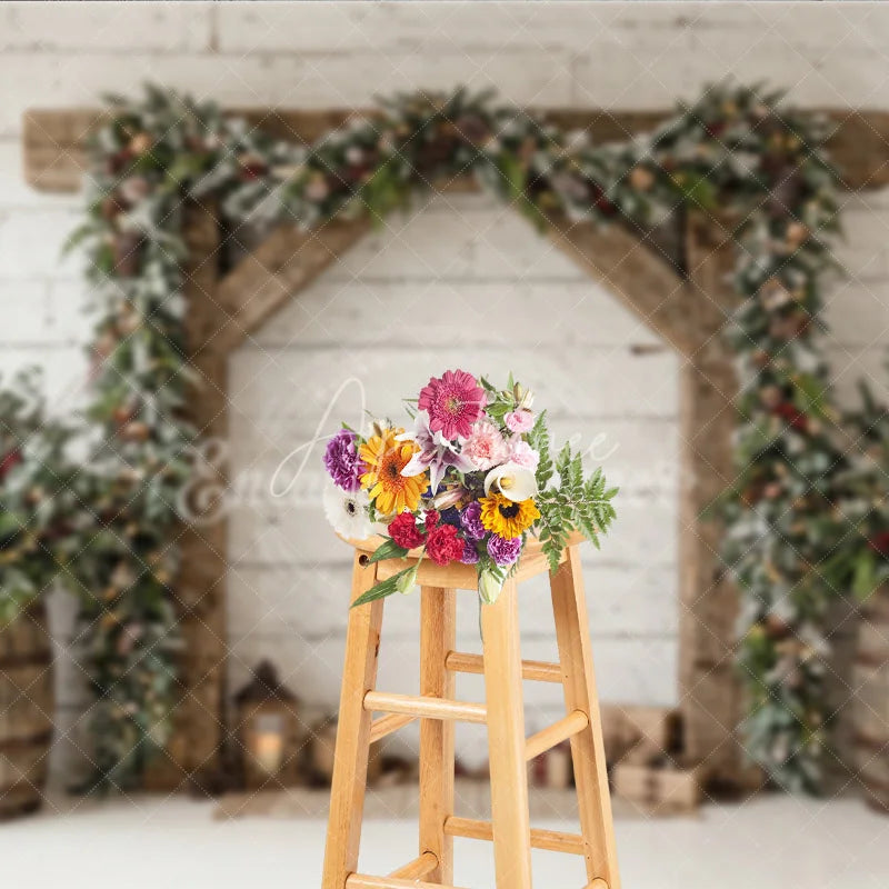 Aperturee - Aperturee Frosted Pine Garland Wooden Arch Holiday Backdrop with Rustic Barrels and Christmas Gifts Winter Festive Decor