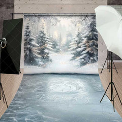 Aperturee - Aperturee Frozen Winter Lake Sweep Backdrop Snowy Forest Bokeh Lights Ice Floor Photo Background