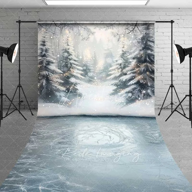 Aperturee - Aperturee Frozen Winter Lake Sweep Backdrop Snowy Forest Bokeh Lights Ice Floor Photo Background
