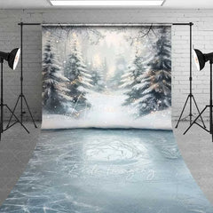 Aperturee - Aperturee Frozen Winter Lake Sweep Backdrop Snowy Forest Bokeh Lights Ice Floor Photo Background