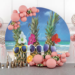 Aperturee - Aperturee Fun Tropical Pineapples with Sunglasses and Flowers Round Backdrop Sunny Beach Summer Vacation Party Decor