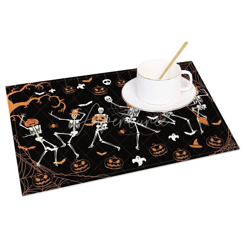 Aperturee - Aperturee Funny Dancing Skeleton and Jack-O’-Lantern Set of 4 Placemats for Spooky and Fun Halloween Decor