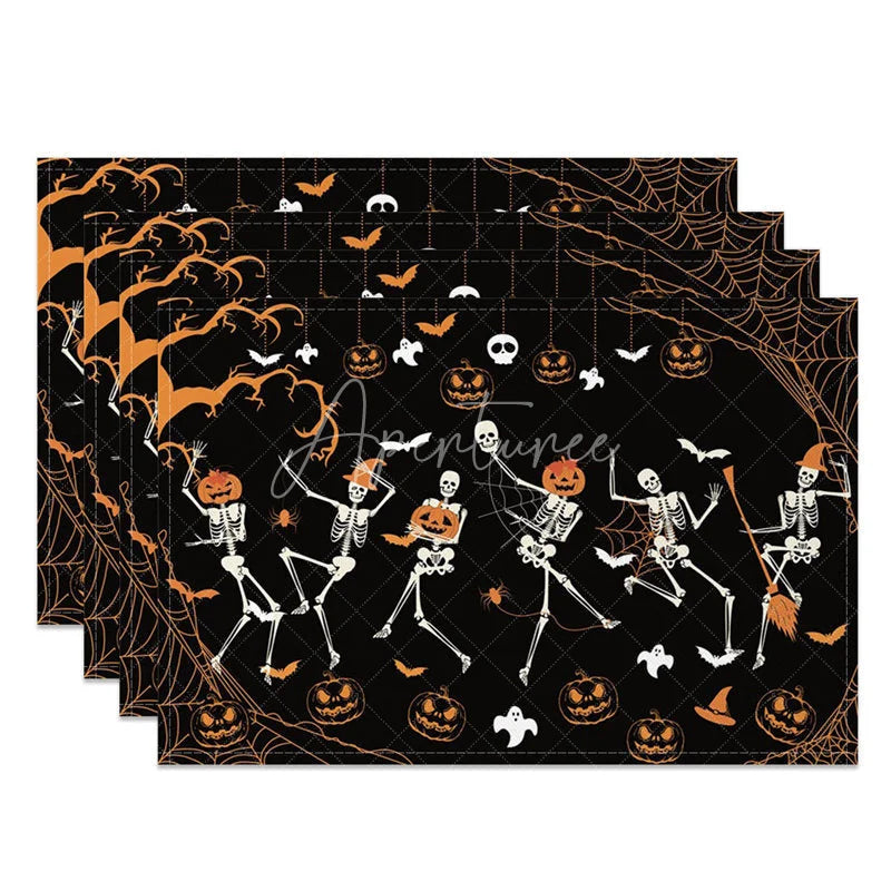 Aperturee - Aperturee Funny Dancing Skeleton and Jack-O’-Lantern Set of 4 Placemats for Spooky and Fun Halloween Decor