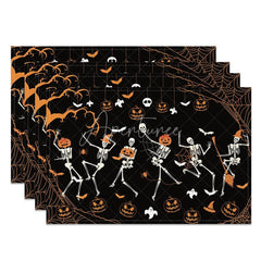 Aperturee - Aperturee Funny Dancing Skeleton and Jack-O’-Lantern Set of 4 Placemats for Spooky and Fun Halloween Decor