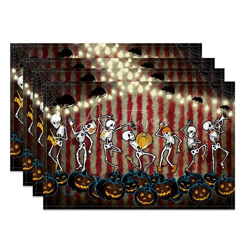 Aperturee - Aperturee Funny Halloween Set of 4 Placemats with Dancing Skeleton Mouse and Spiderweb for Kids Party Decor