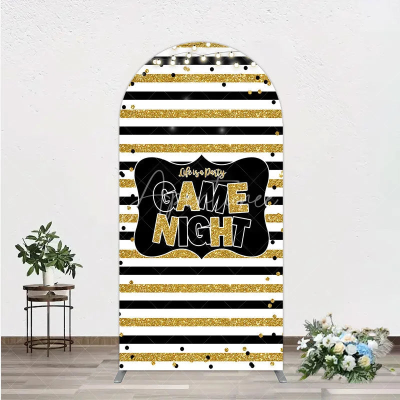 Aperturee - Aperturee Game Night Party Arch Backdrop in Black and Gold Glitter Life is a Party Theme Adult Birthday Photo Booth Decor