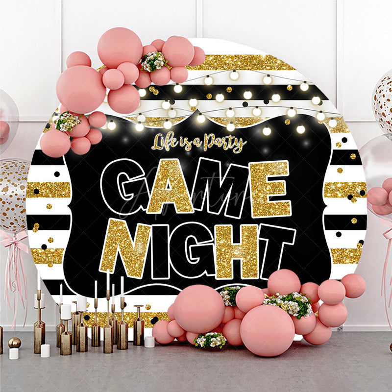 Aperturee - Aperturee Game Night Party Round Backdrop Black and Gold Glitter with String Lights Fun Family or Friends Get Together