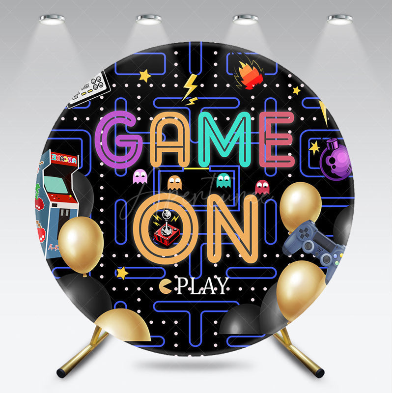Aperturee - Aperturee Game On Retro Arcade Birthday Round Backdrop Pac-Man Inspired 80s Video Game Neon Pixelated Maze Photo Prop