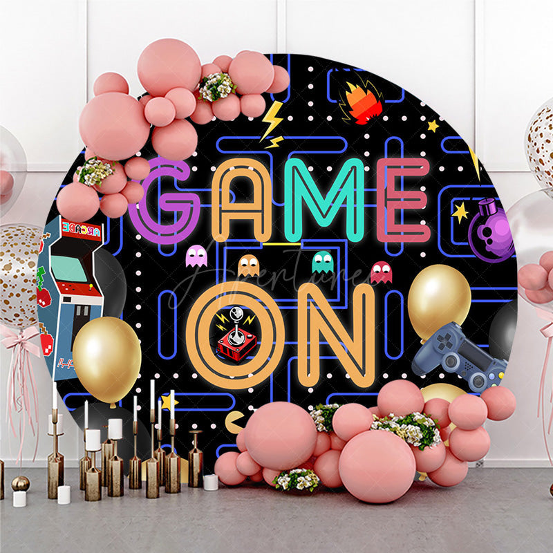Aperturee - Aperturee Game On Retro Arcade Birthday Round Backdrop Pac-Man Inspired 80s Video Game Neon Pixelated Maze Photo Prop